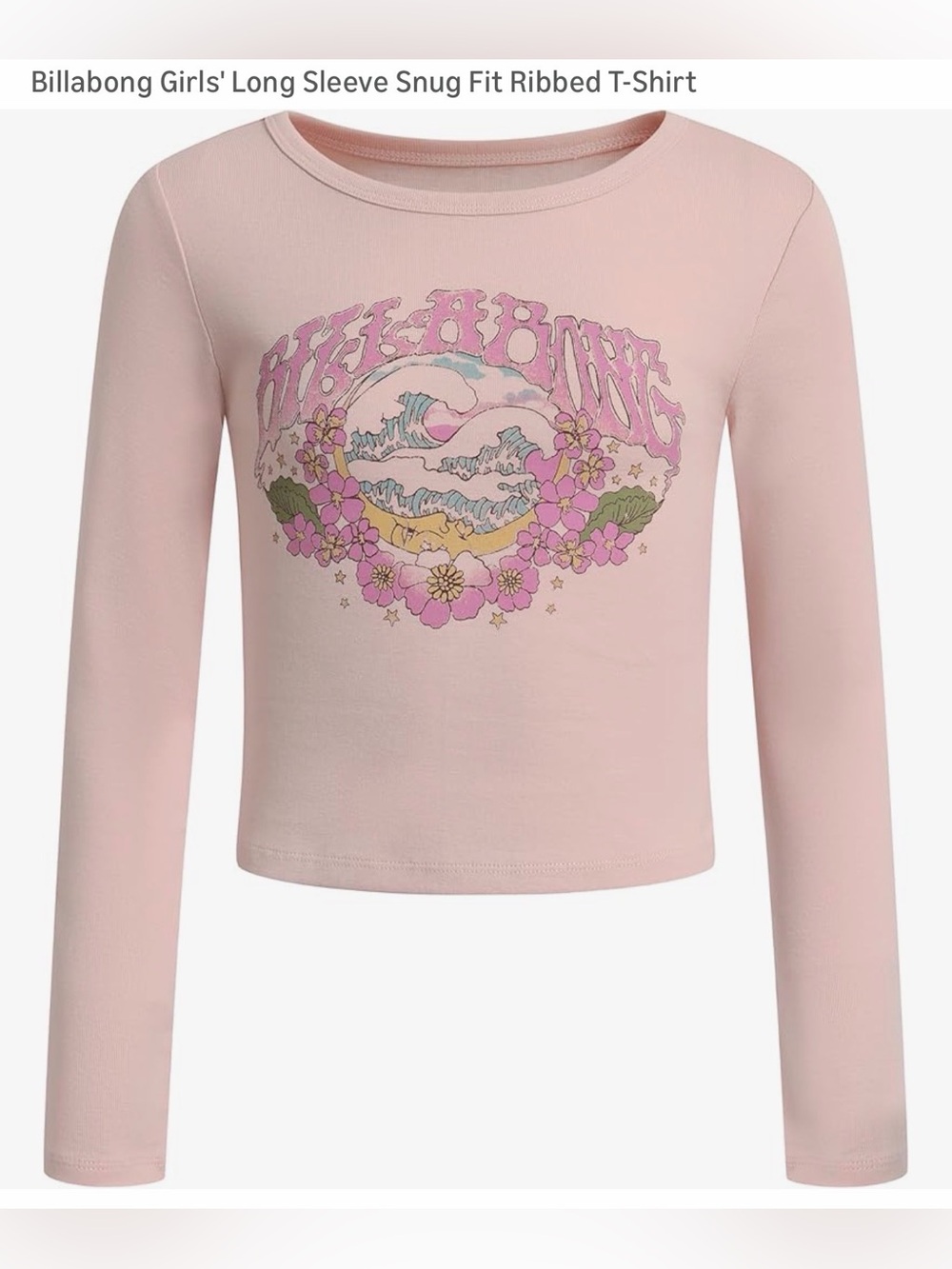 Billabong Pink Long Sleeve Ribbed Tee with Floral Wave Graphic Set of 2 Twins